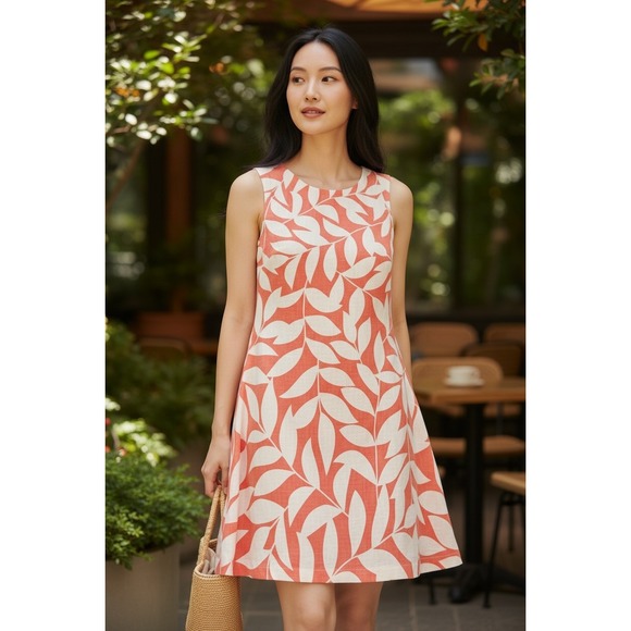 Island Company Dresses & Skirts - Island Company Classic Shift Dress Coral Cream Linen Leaf Tropical Resortwear XL